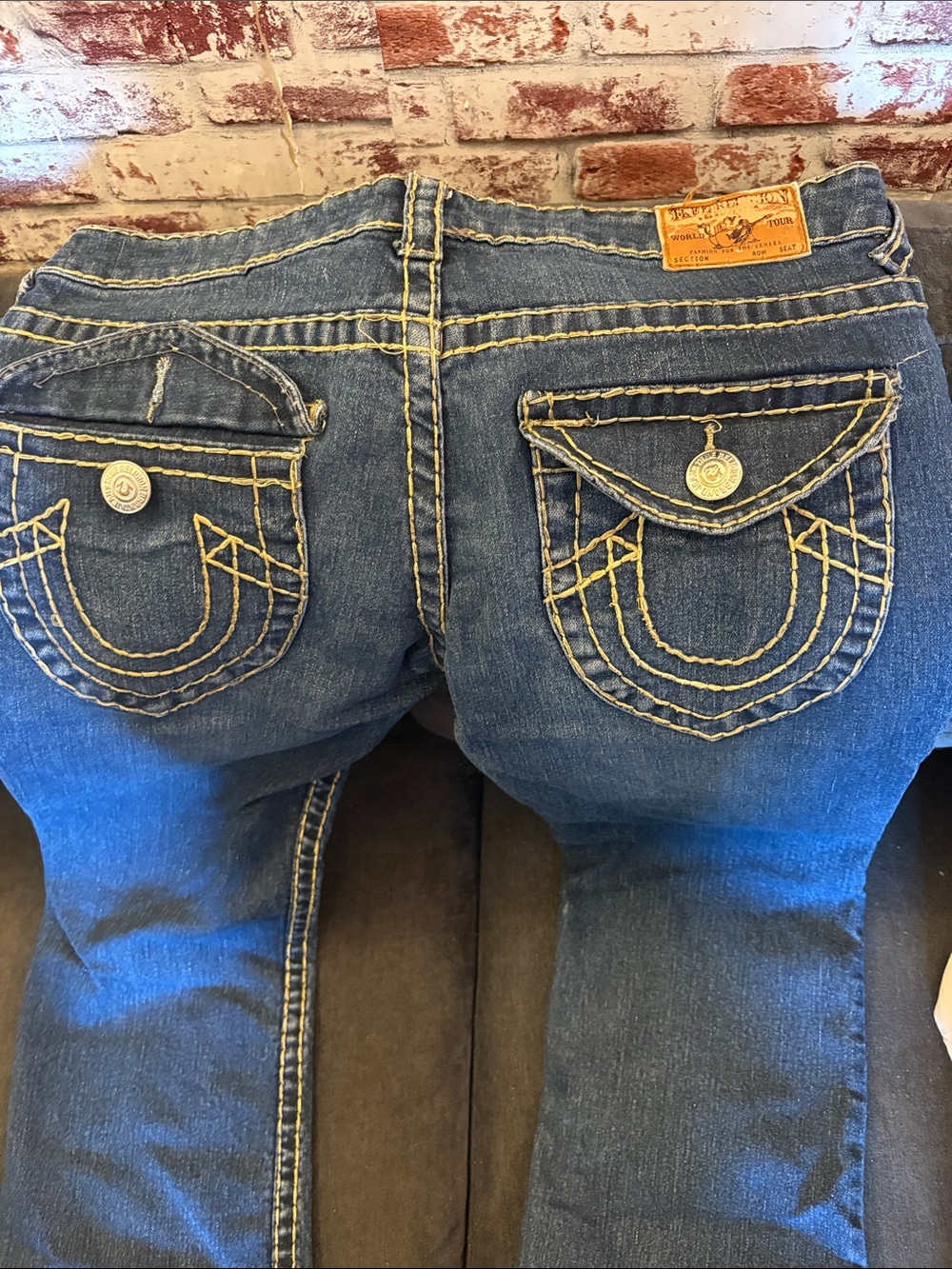 True Religion Women's Blue Boot Cut Jeans with Yellow Contrast Stitching